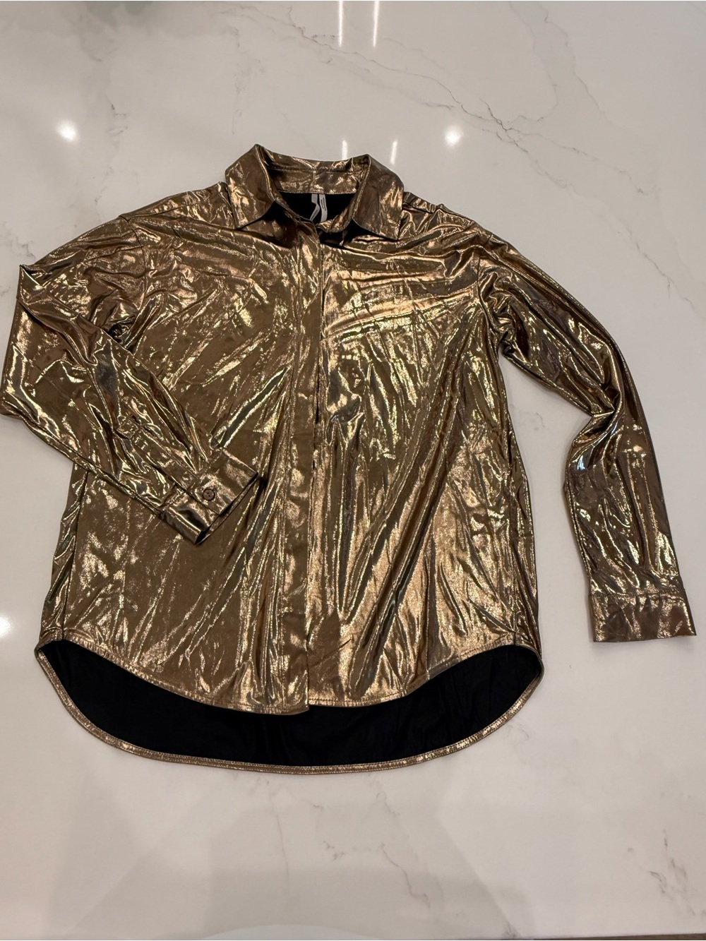 Anthropologie Shiny Gold Metallic Button-Up Blouse